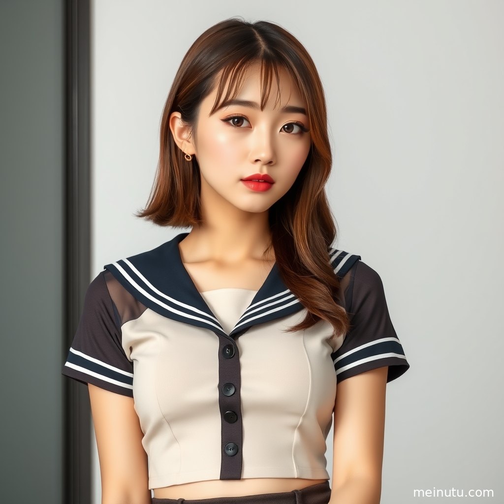 成年女子以制服套装搭配自然发型回望镜头，室内电影感光影营造温柔写真风格。