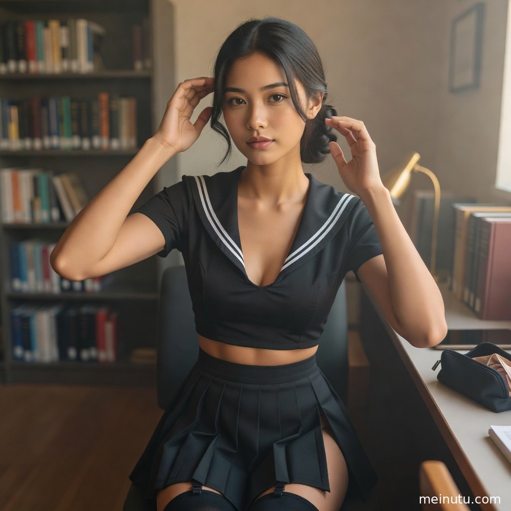 俯拍视角下的JK美女穿着领结与百褶裙，暖色光影勾勒出细腻柔和的制服写真画面。