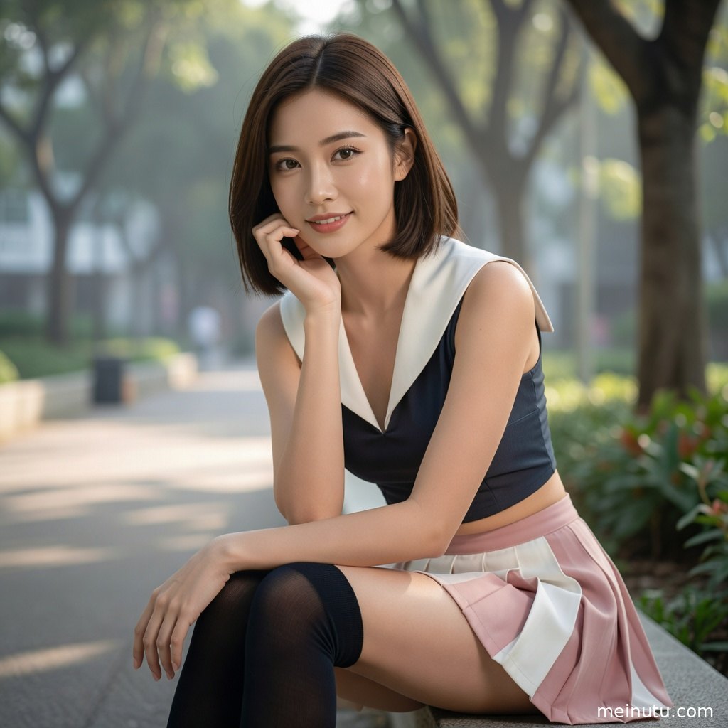 成年女子身着JK风格制服搭配领结，柔和晨光照亮面部与百褶裙摆细节。
