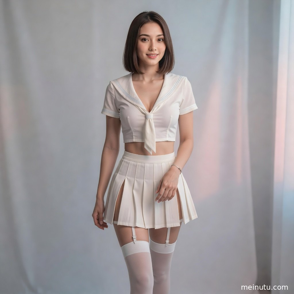 成年女子以全身构图出镜，学院风制服与晨光氛围营造温柔明亮的美女写真画面。