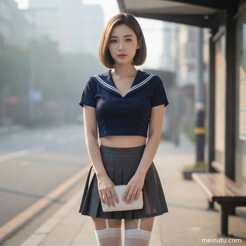 年轻成年女性在明亮室内摆出全身构图，白衬衫、领结与长袜细节清晰自然。