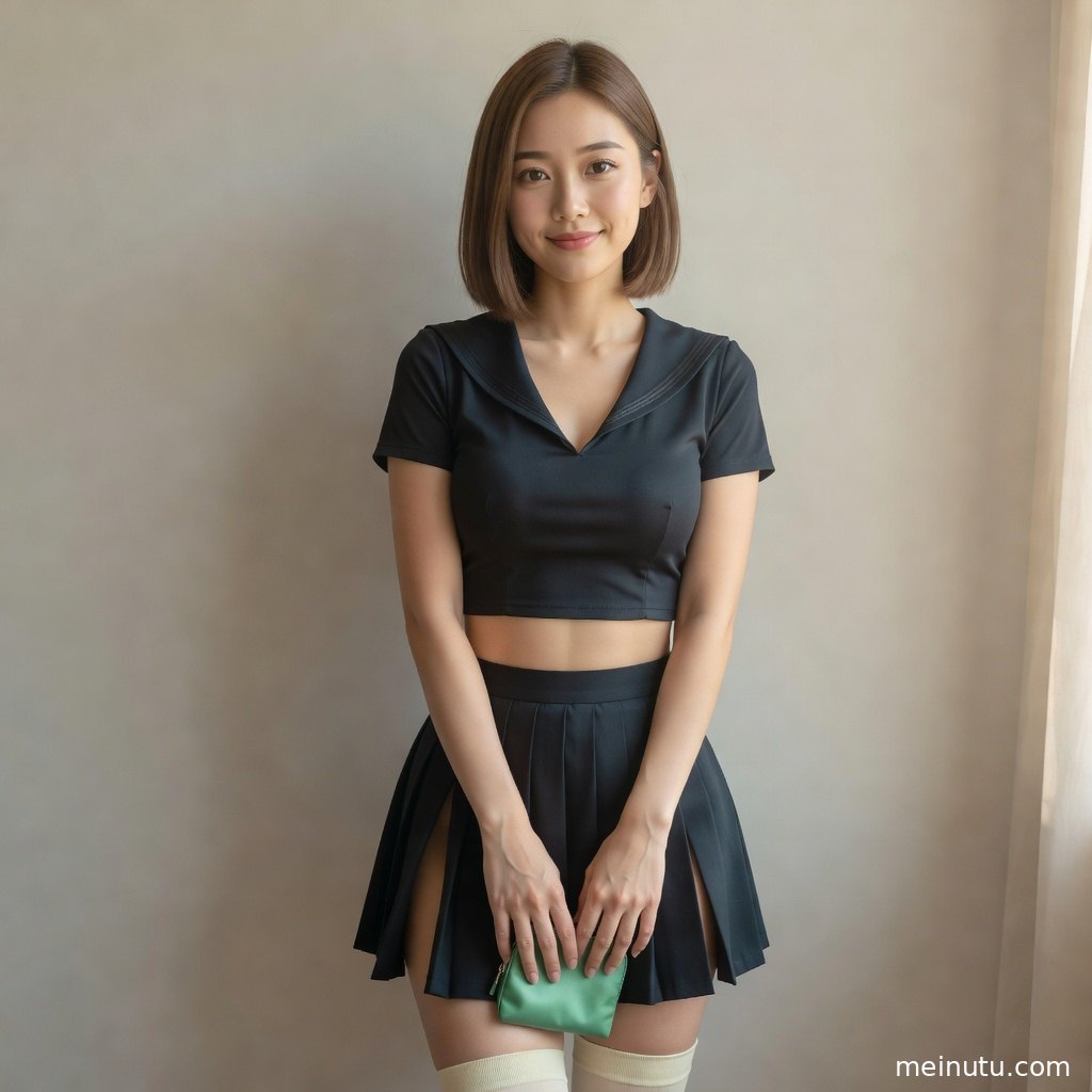成年女子穿日系制服迎着暖色侧光回眸，画面简洁干净，适合作为美女壁纸收藏。