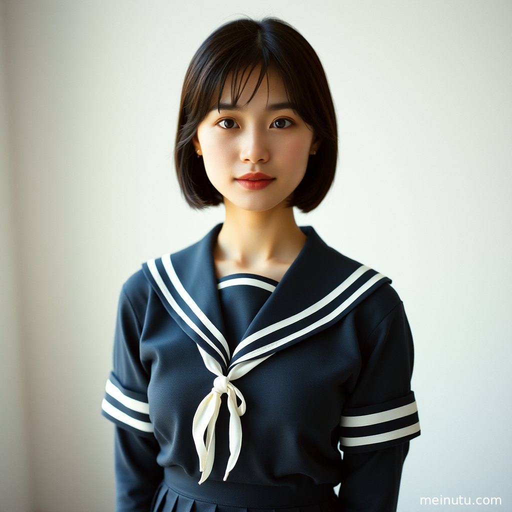身着JK制服的女性在海边，柔和逆光下展现半身肖像。