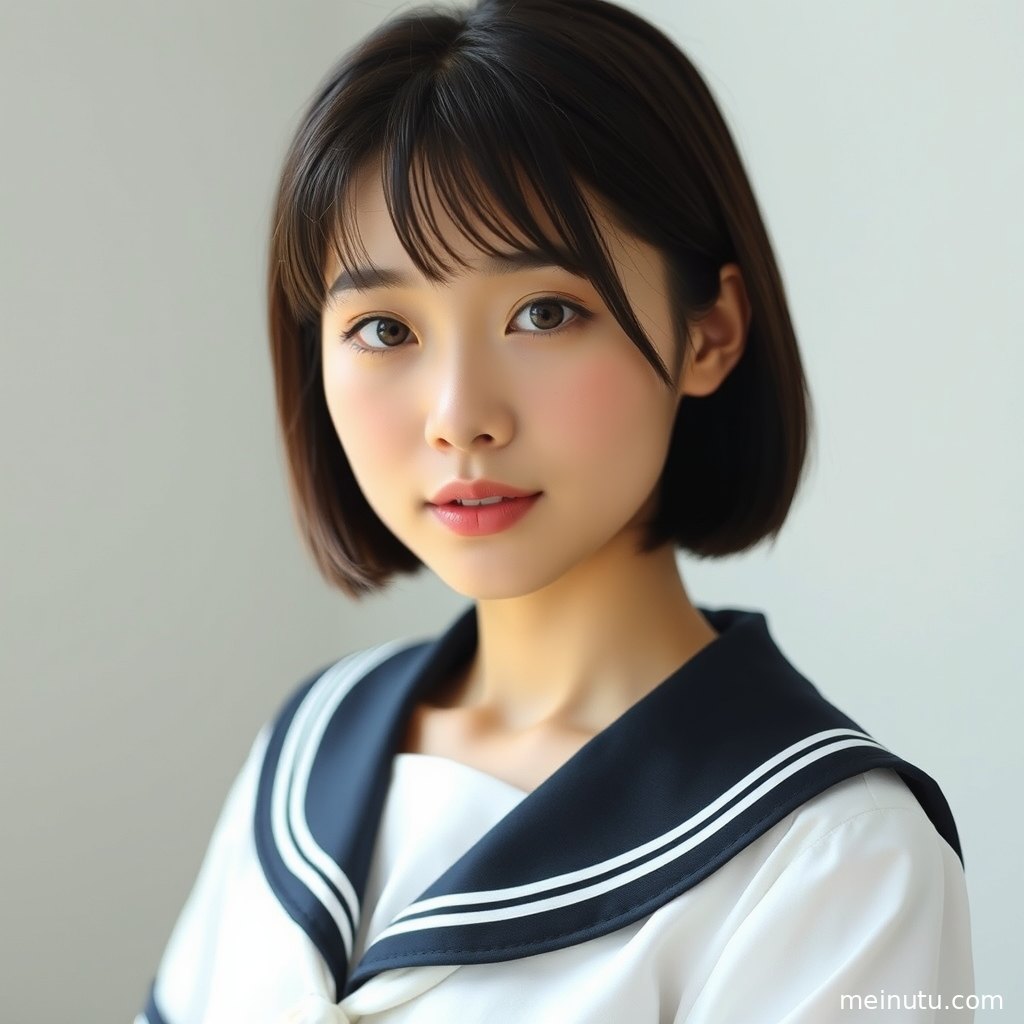 温暖的逆光洒在JK制服女性脸上，海边写真的宁静瞬间。