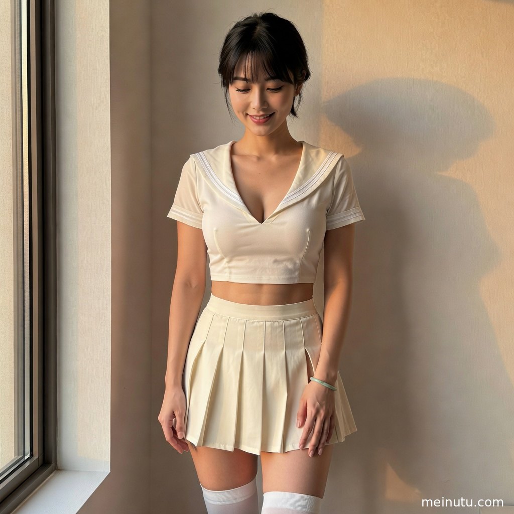 年轻成年女性穿海军领制服站在窗边，暖色侧光呈现柔和的JK制服写真氛围。