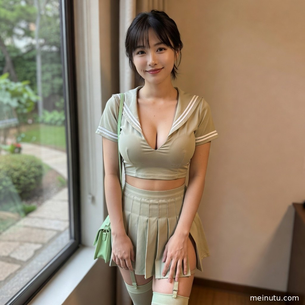 成年女子以全身构图展示日系制服造型，白衬衫与百褶裙在窗边光影中清晰可见。