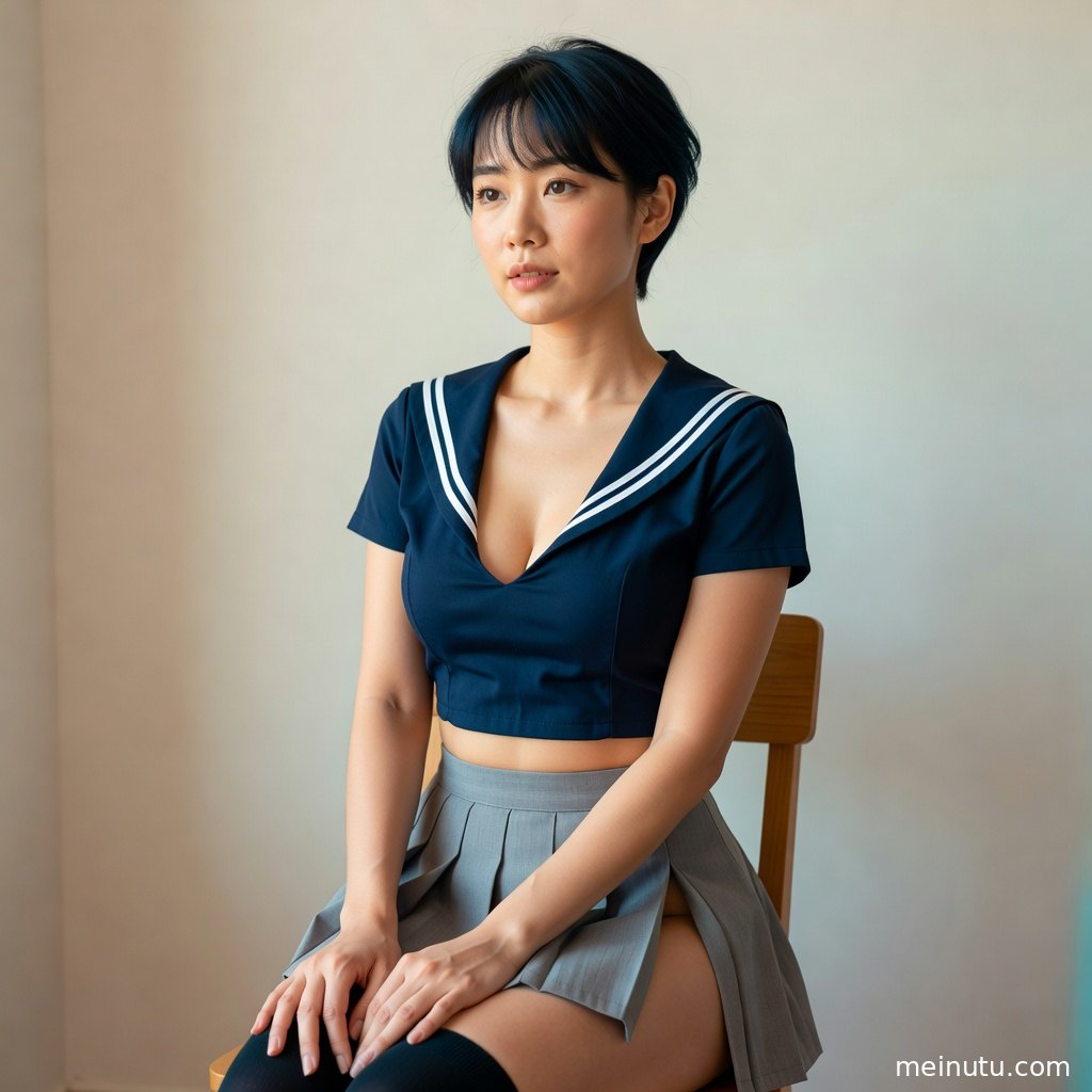 窗边暖色侧光映照海军领制服细节，年轻成年女性展现清纯成人风的制服写真质感。