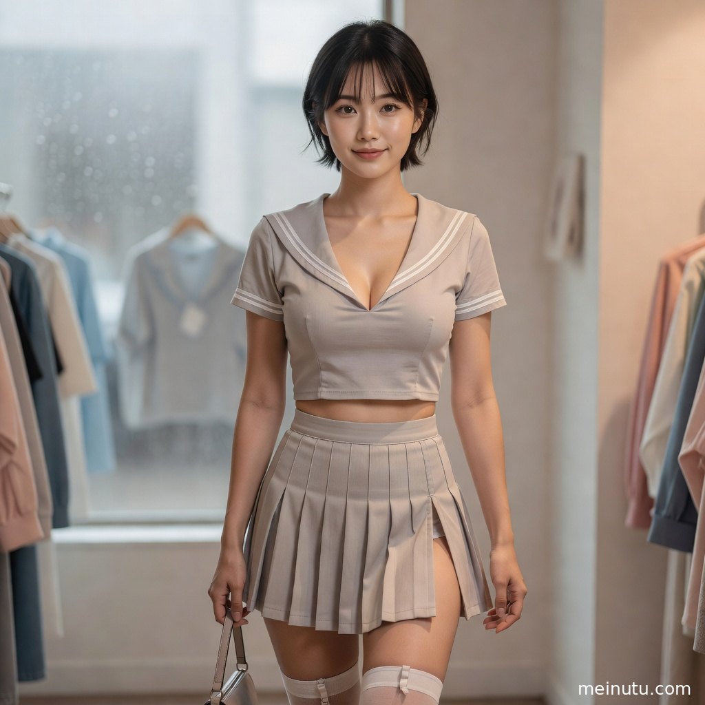 高清室内写真画面中，成年女性身着学院风制服，整体构图突出温柔安静的日系氛围。