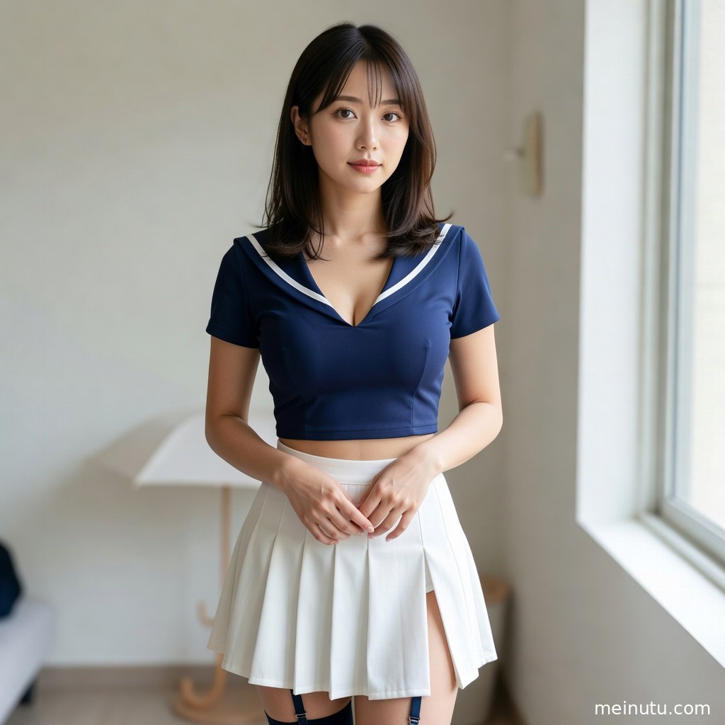 年轻成年女性靠近明亮窗台拍摄，日系制服与黑丝搭配显得清新利落，室内自然光带来通透质感。