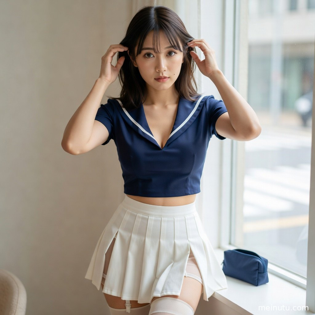 成年女子在窗边回眸，学院风制服、黑色长袜与浅色背景形成对比，高清画质展现温柔细节。