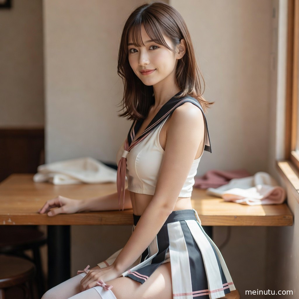 成年女性以海军领制服搭配百褶裙出镜，柔和光影突出JK美女写真质感。