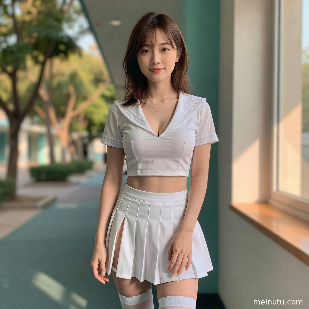 年轻成年女性站在暖色室内布景中展示日系制服细节，画面清新耐看。
