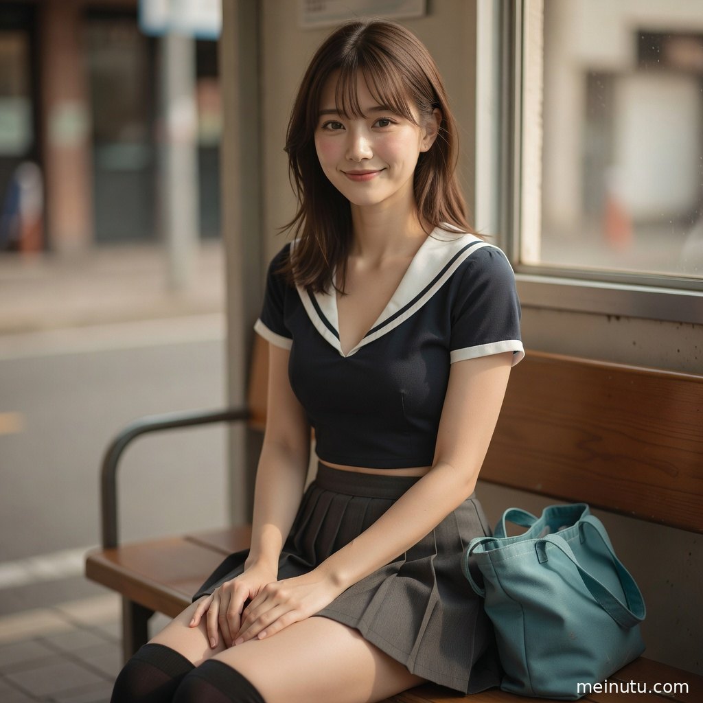 成年女子以侧身姿态回眸看向镜头，室内柔光营造温柔风制服写真画面。