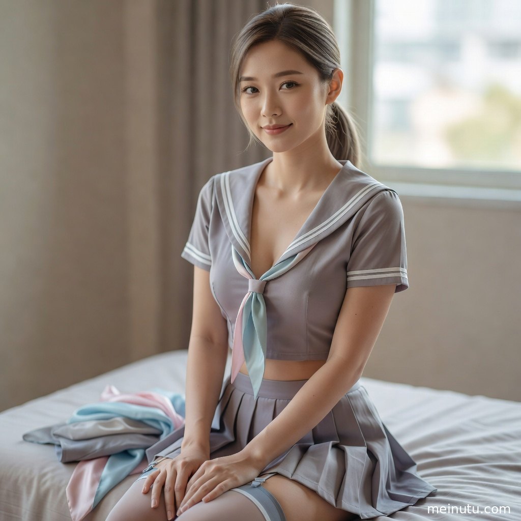 成年女子身着学院风制服站在柔和逆光前，清新活力氛围与高清制服写真质感鲜明。