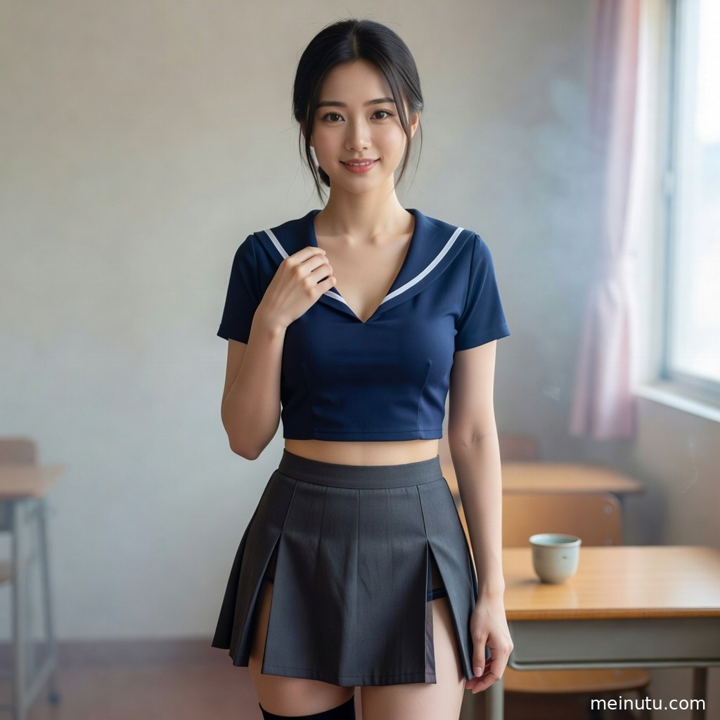 室内柔光下的成年女子制服写真，画面氛围安静温柔、画质细腻。
