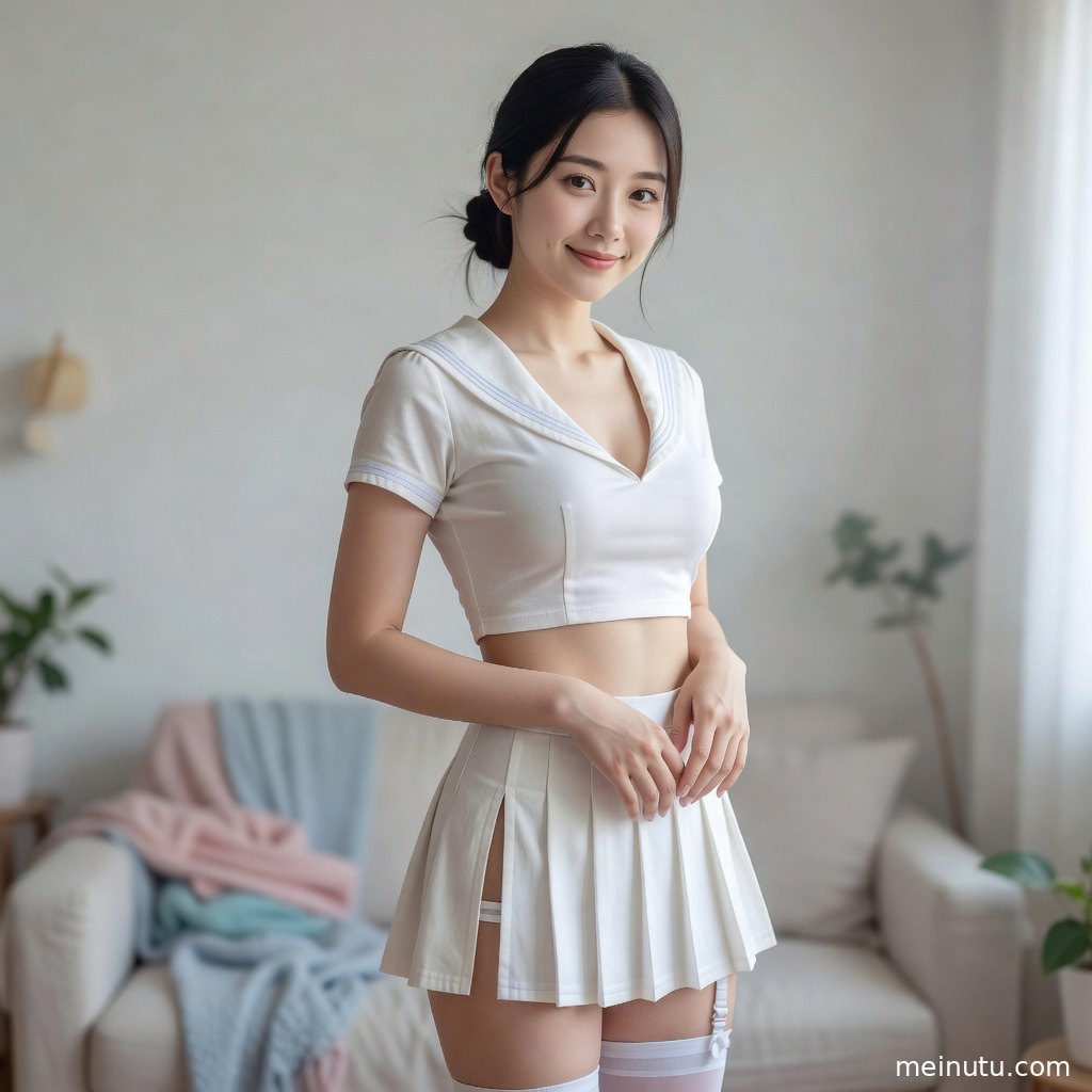 年轻成年女性以学院风制服造型出镜，柔和逆光营造轻盈明亮的写真感。