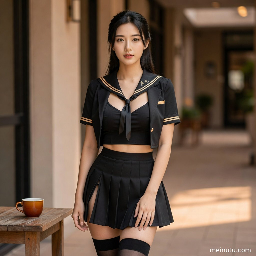 年轻成年女性穿日系制服系精致领结，在晨光窗边侧身回眸，画面呈现电影感光影。