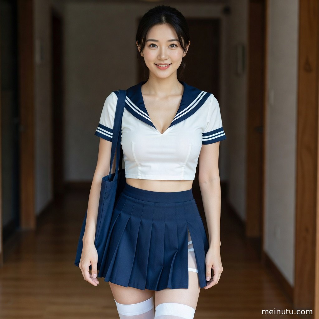 成年女子身着深色日系制服与领结，柔和晨光落在肩颈与发丝上，氛围清新细腻。