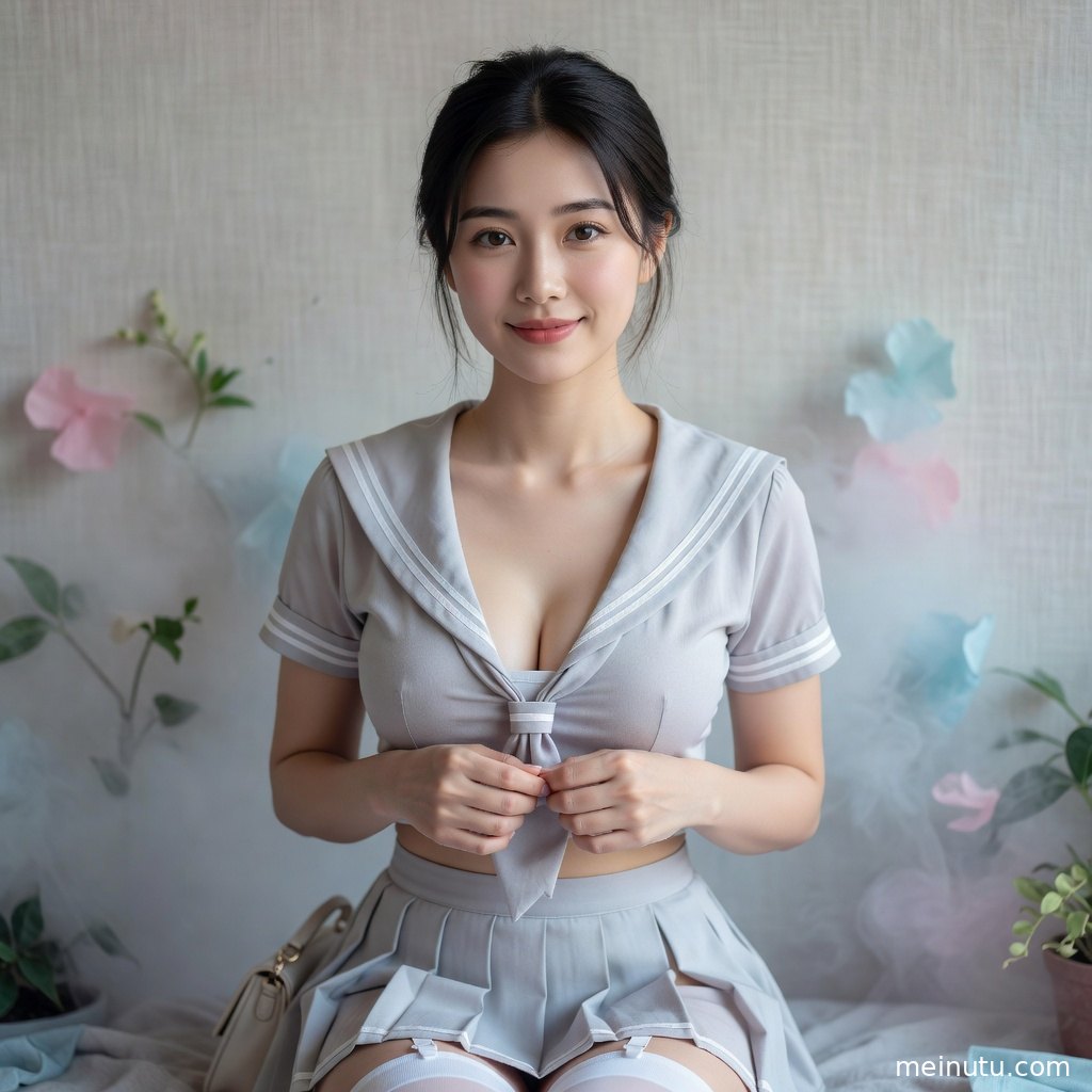 成年女子站在明亮室内回眸，日系制服领结与晨光背景形成干净高级的写真画面。