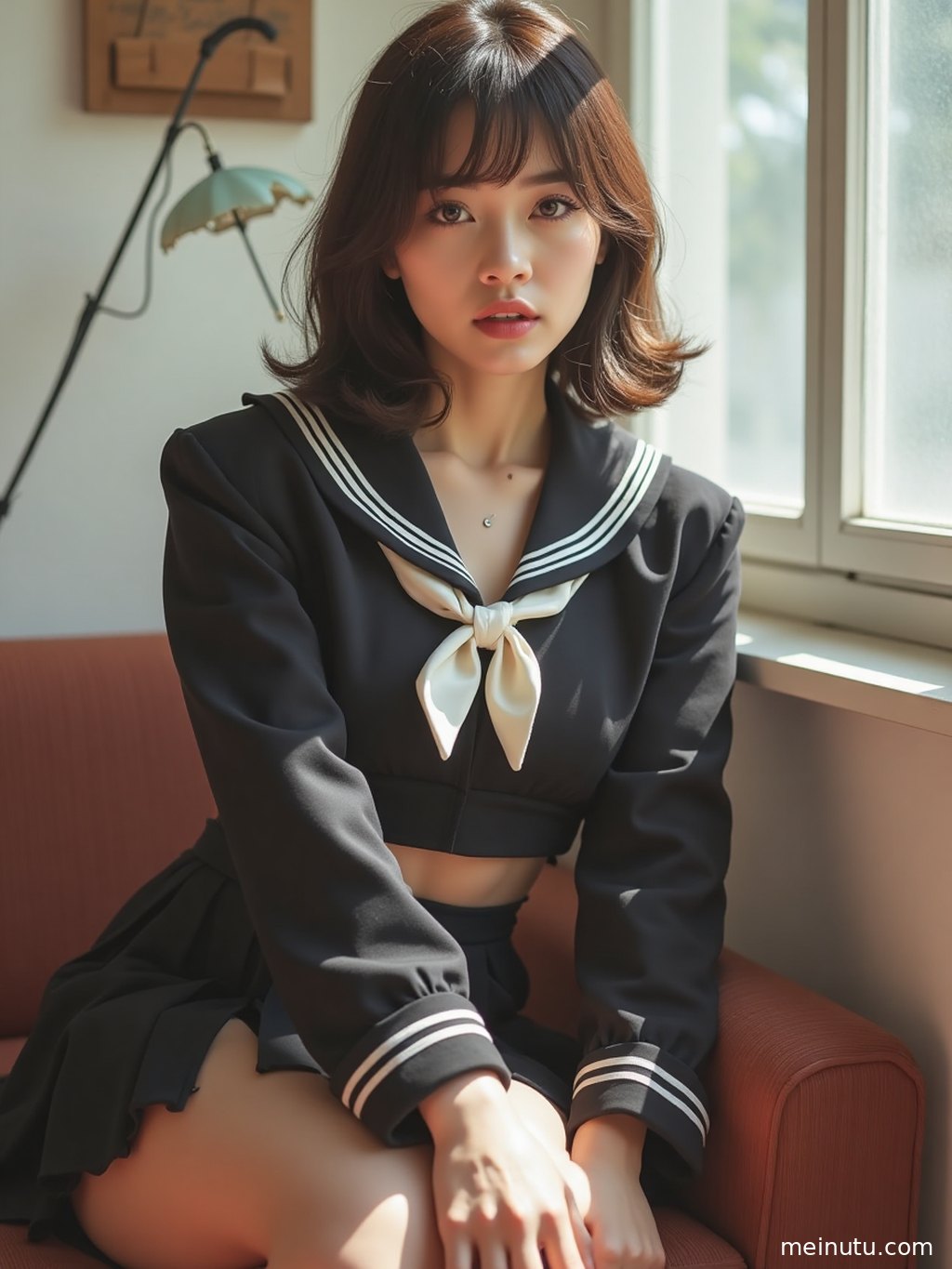 身穿日系制服的女性，在极简棚内沐浴自然光，面带甜美微笑。