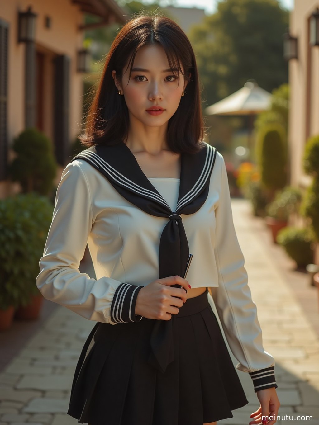 一位女性身着经典JK制服，侧身站立，眼神清澈，画面充满自然光感。