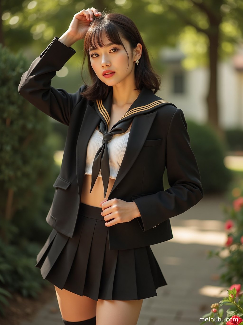 三位气质各异的女性穿着不同款式的JK制服，在白色背景下展现青春活力。