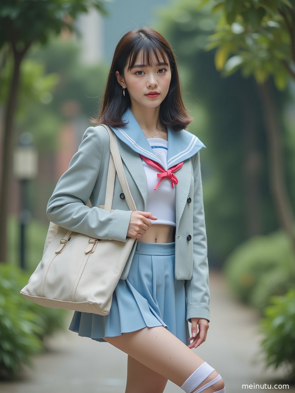 特写镜头下，女性身着的JK制服细节清晰可见，自然光线勾勒出柔美轮廓。
