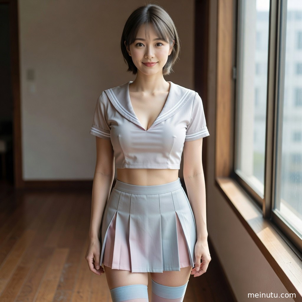 成年女子身着白衬衫与百褶裙，在柔和窗光下展现温柔制服写真氛围。