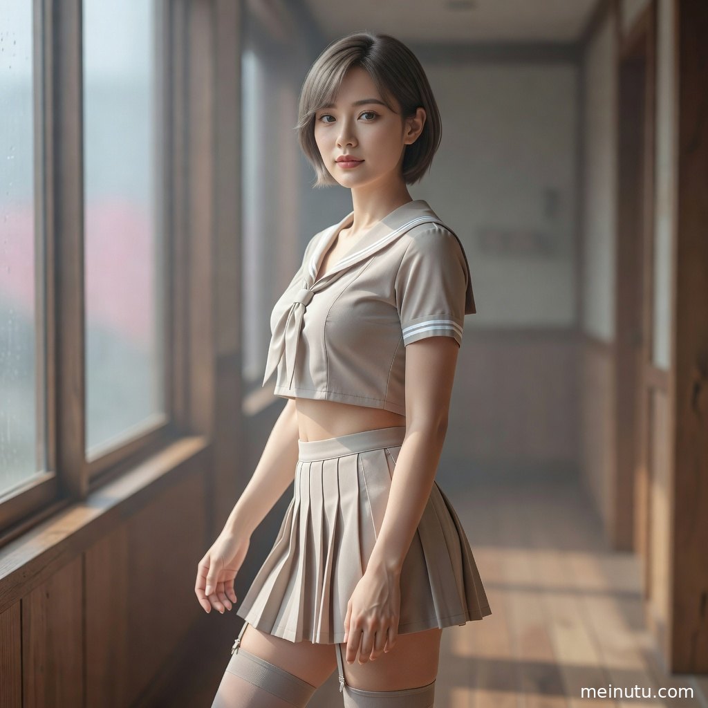 成年女性以海军领制服造型回眸，浅景深画面呈现清纯成人风。