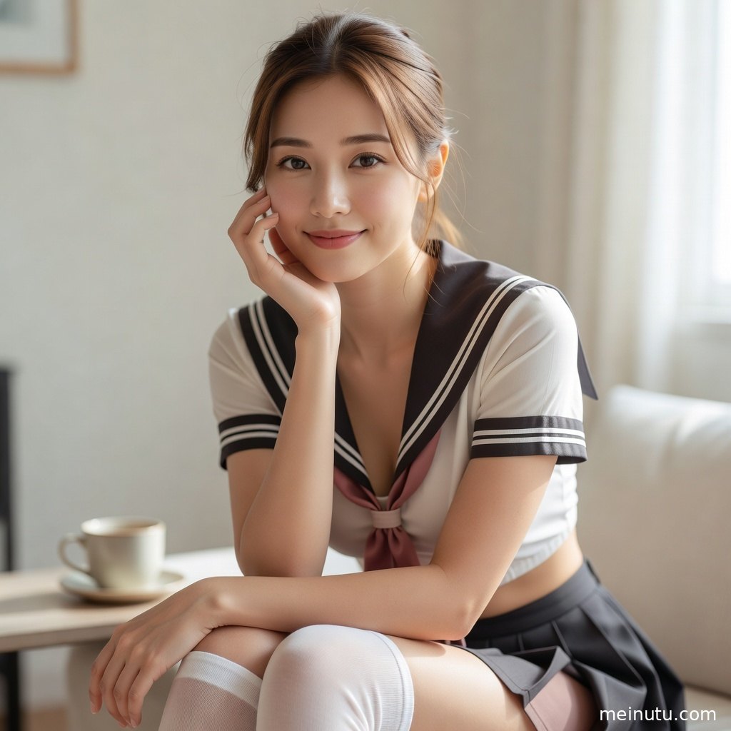 成年女子搭配领结与百褶裙，在柔和晨光下拍摄高清JK美女图片。