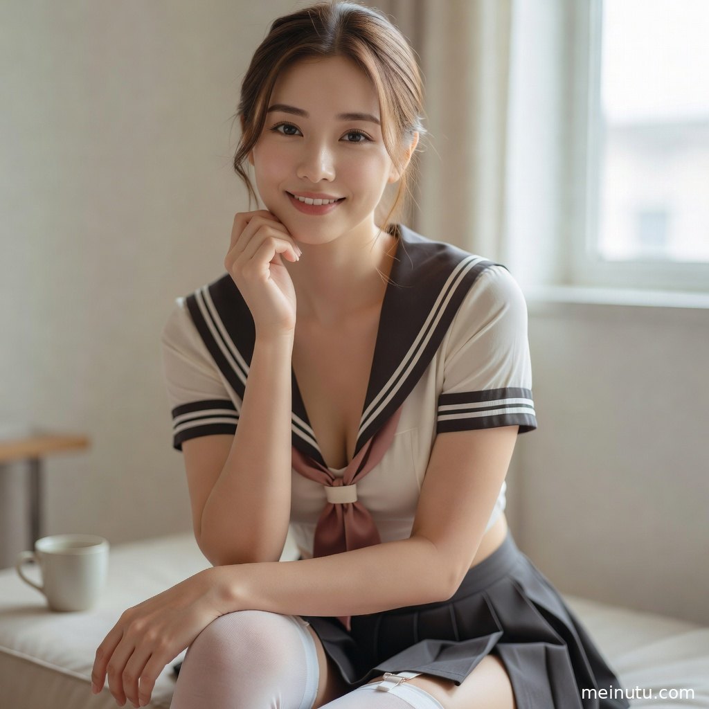年轻成年女性穿针织外套与日系制服，低角度构图突出自然光质感。