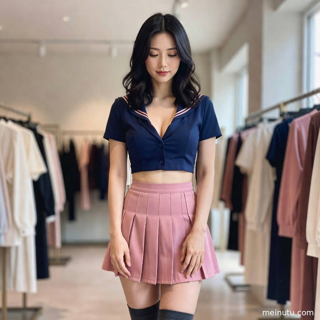 海军领制服搭配百褶裙的成年女子倚在窗边，柔和晨光勾勒甜美气质。