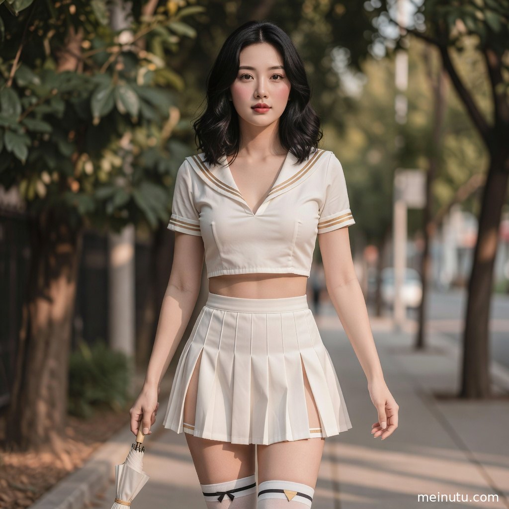 年轻成年女性以低角度姿态出镜，晨光背景营造干净温柔的制服写真氛围。