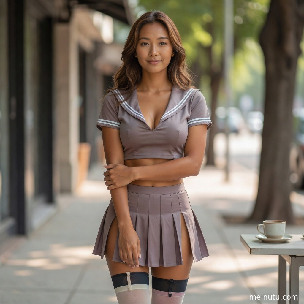 阴天漫射光下的JK美女室内写真，格纹裙摆与白色内搭短裤呈现干净柔和的画面质感。