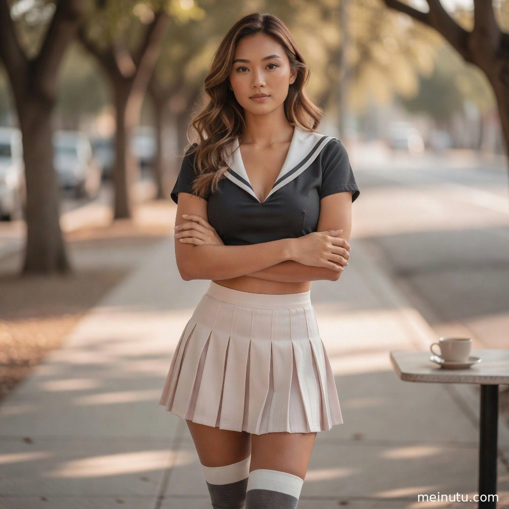 成年女子以清新活力风格演绎JK制服写真，俯拍构图展现晨光中的衣料纹理与腿部线条。