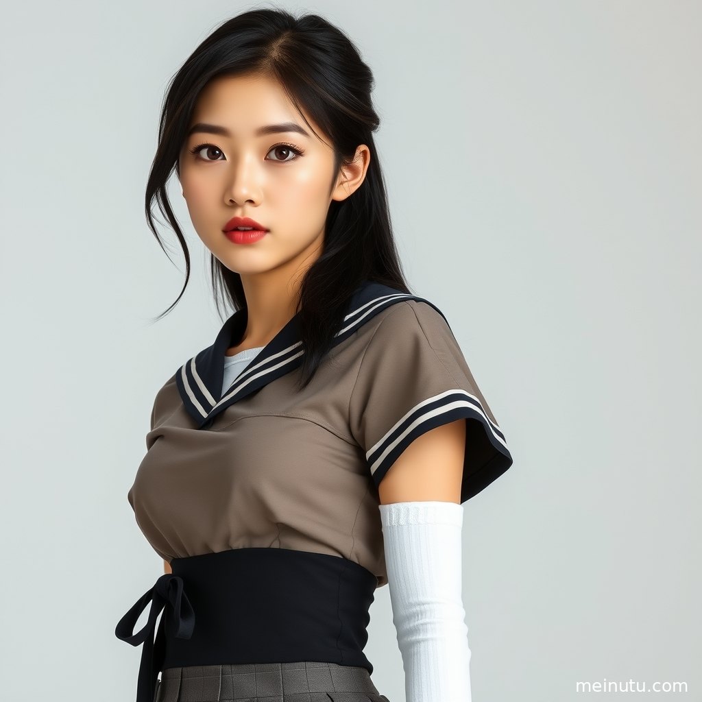 年轻成年女性穿学院风制服倚靠窗边，柔和逆光勾勒发丝与裙摆，画面明亮干净。
