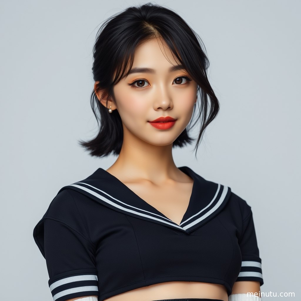 年轻成年女性穿JK风日系制服坐在室内木椅上，柔光映出温柔表情与精致服饰层次。