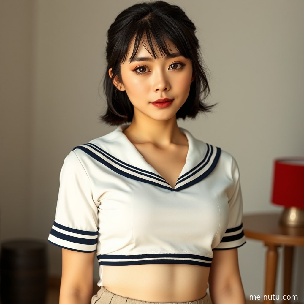 年轻成年女性穿海军领制服面对镜头，全身构图突出长袜、皮鞋与百褶裙搭配。