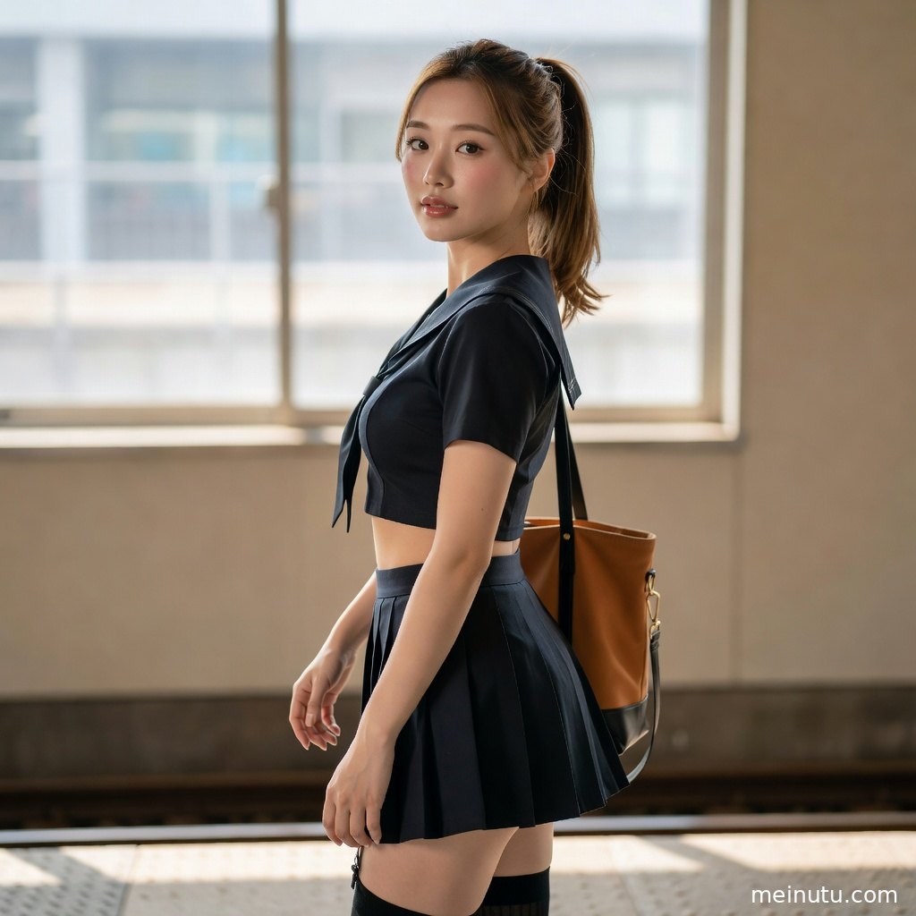 俯拍视角呈现年轻成年女性的制服写真造型，百褶裙与领结在暖调窗光中层次清晰。