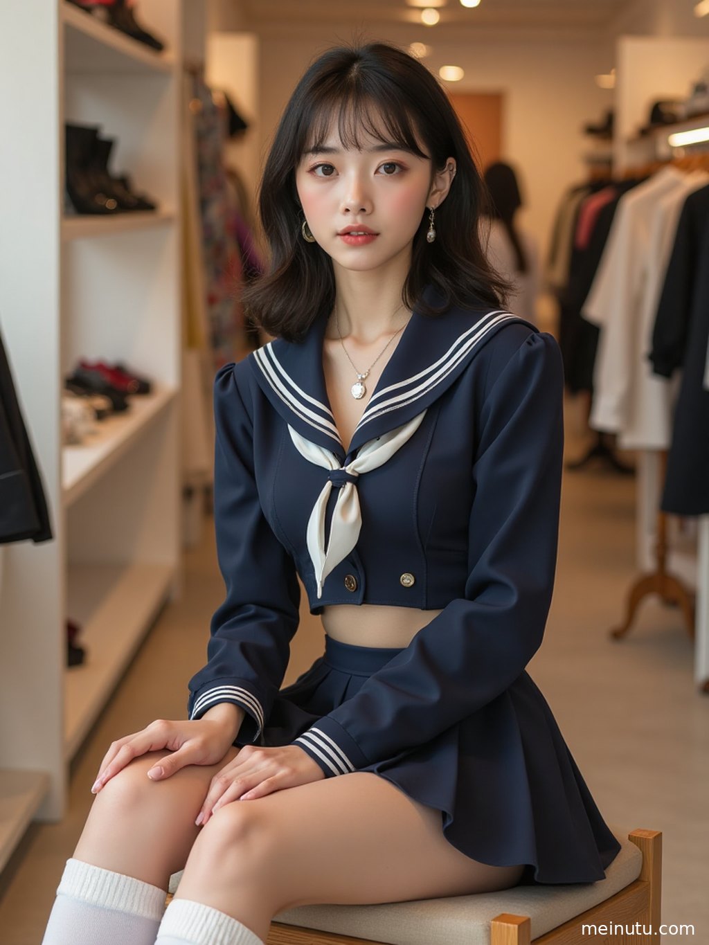身着JK制服裙的女性，站在复古走廊的光影中，展现青春活力。