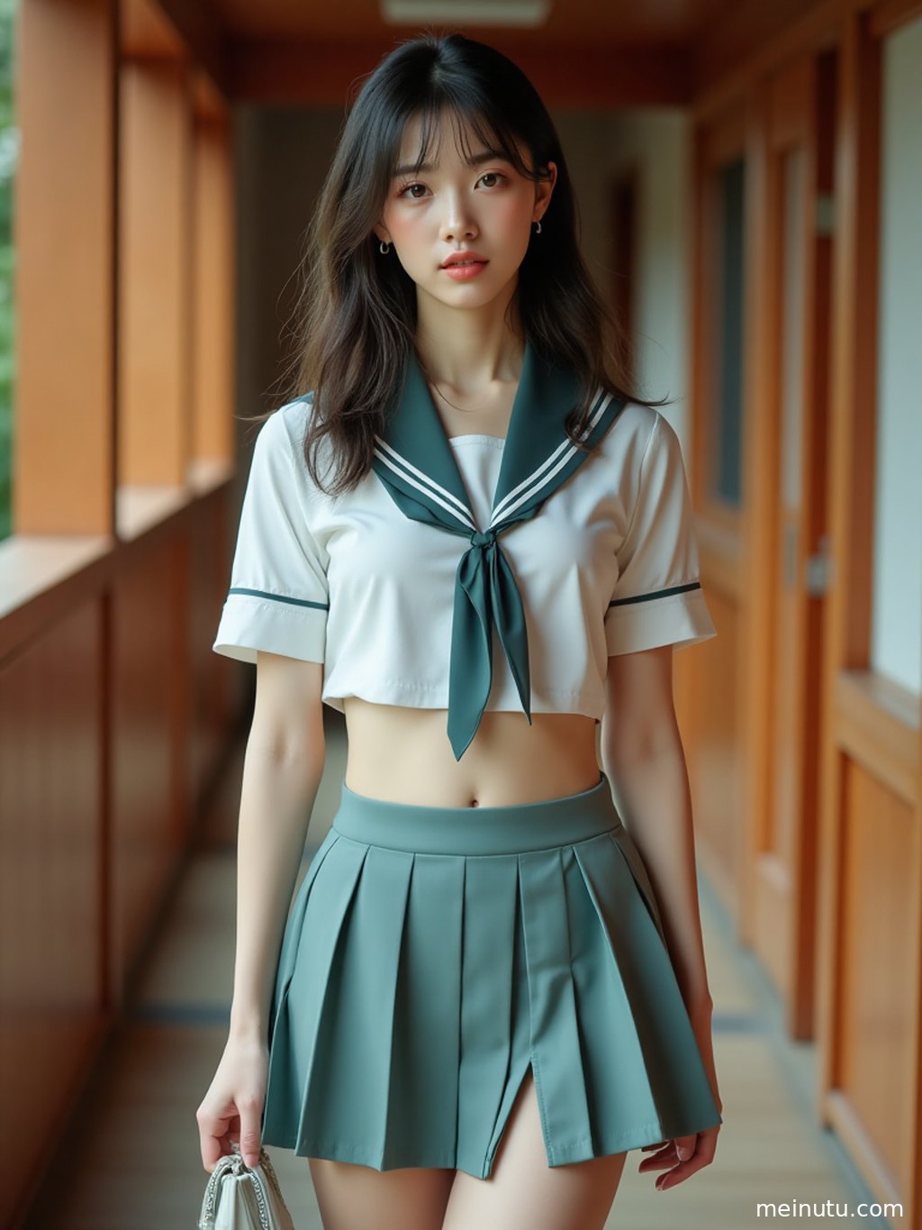 女性侧身回眸，复古走廊的光线勾勒出清透的轮廓，充满故事感。
