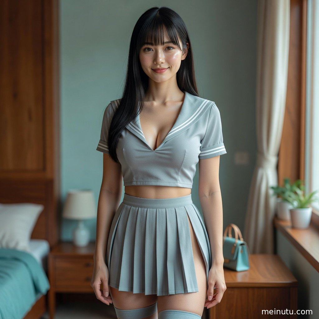 窗边逆光下的成年女性JK制服写真，侧身回眸展现清新活力与细腻画质。