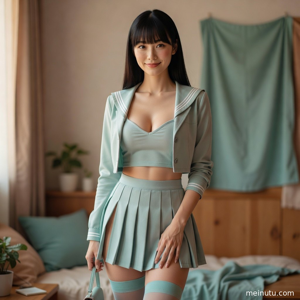 年轻成年女性穿学院风制服裙子倚在窗边，侧身回眸，电影感光影勾勒清甜气质。