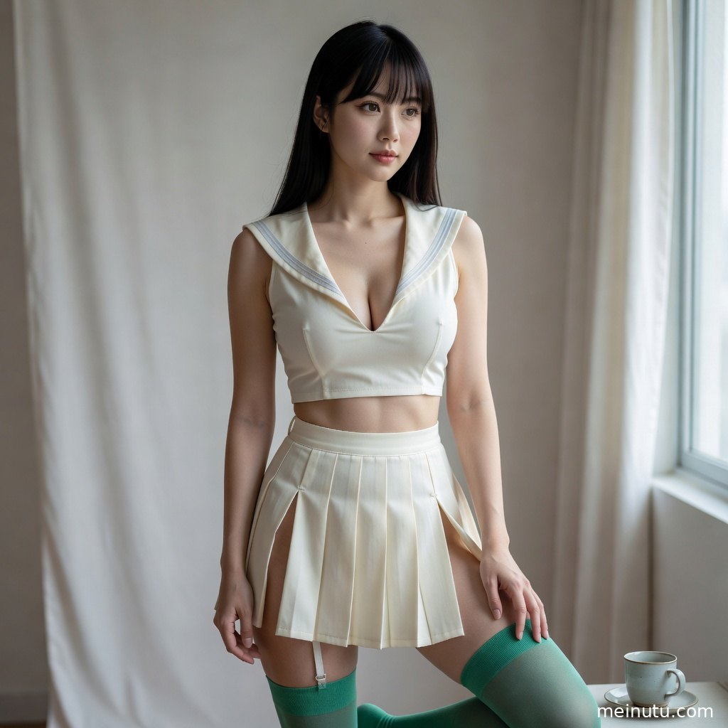 成年女子身着JK风格百褶裙装坐在窗边，自然光洒落，画面呈现温柔制服写真氛围。
