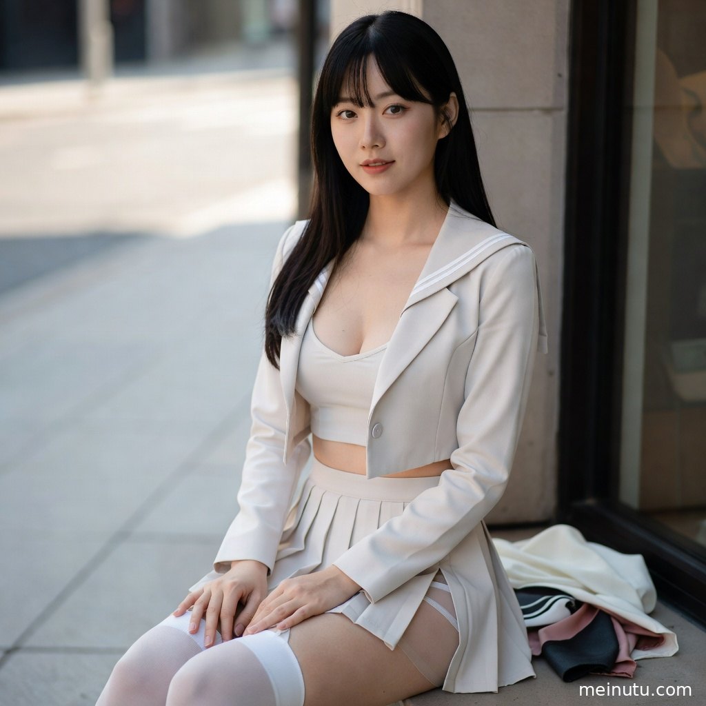 年轻成年女性在窗边轻扶裙摆回望镜头，柔和逆光突出jk制服裙子写真质感。