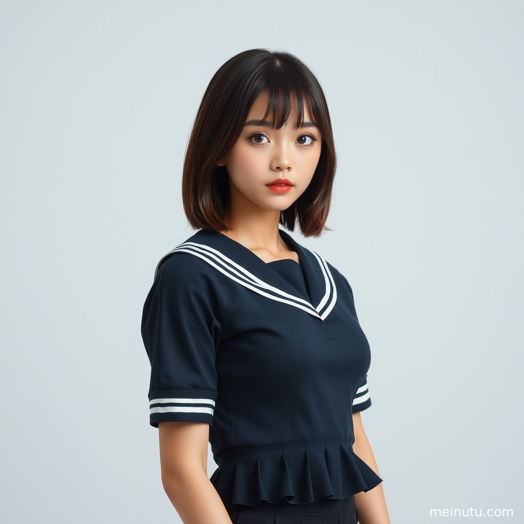 JK美女在城市街景中回眸，柔和自然光呈现干净肤色与高清图片质感。