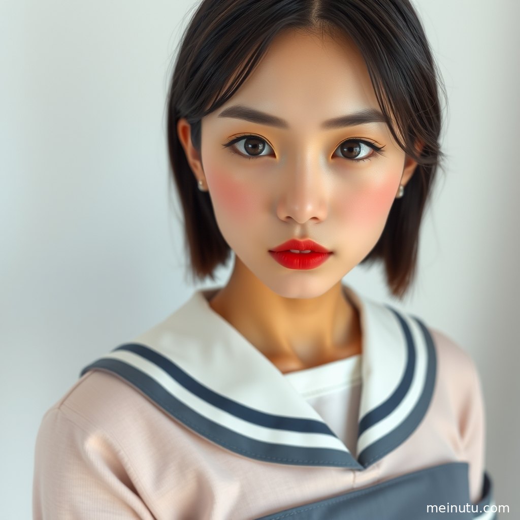 成年女子以甜美气质演绎学院风制服，简洁街景与自然光突出清爽穿搭。