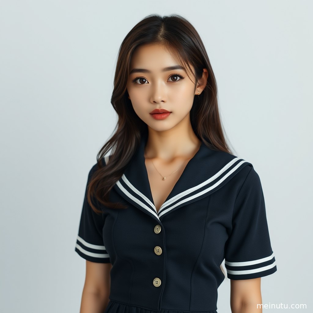 年轻成年女性以自然表情面对镜头，街拍背景衬托制服写真中的清纯成人风氛围。