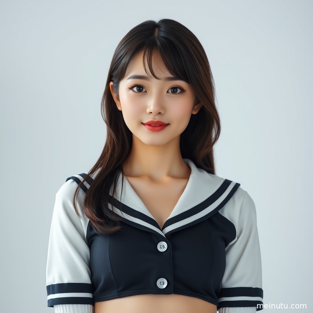 成年女子穿简洁日系制服进行半身街拍，高清画质突出面部光影、领口线条与发丝细节。