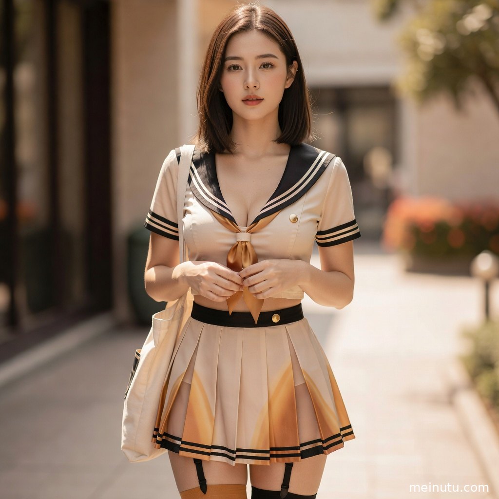 年轻成年女性身着JK制服上衣站在花园中，清透高光映出甜美侧身回眸。